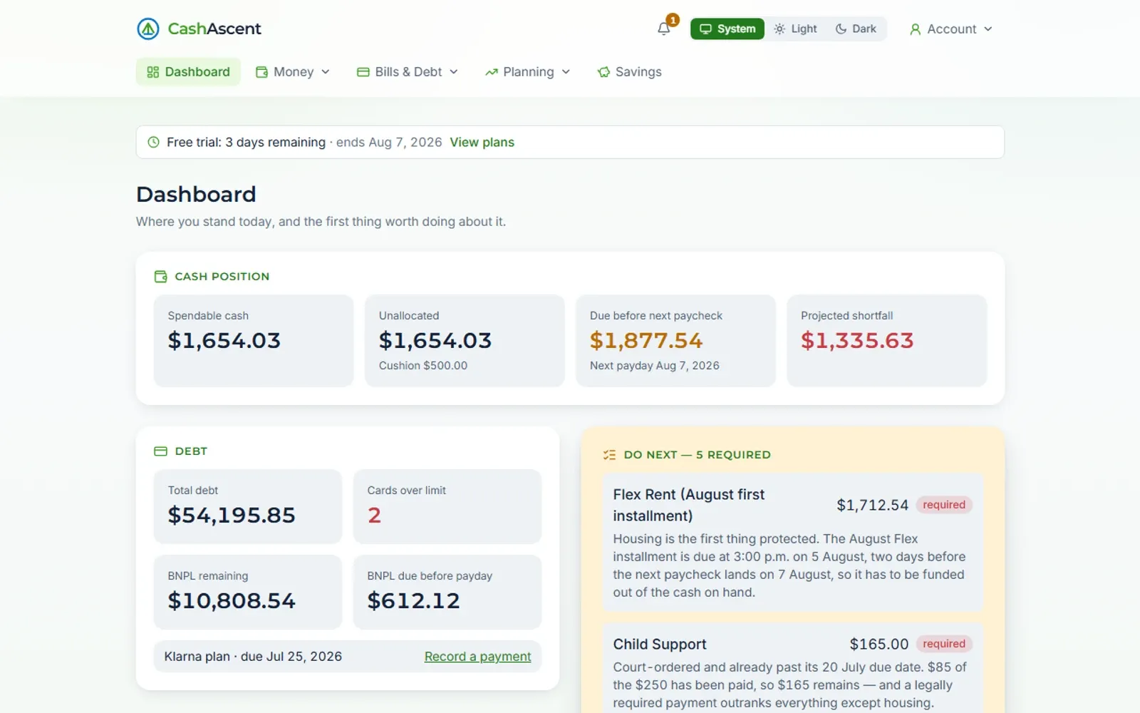 The CashAscent dashboard showing cash position, debt totals, and the next required payments.