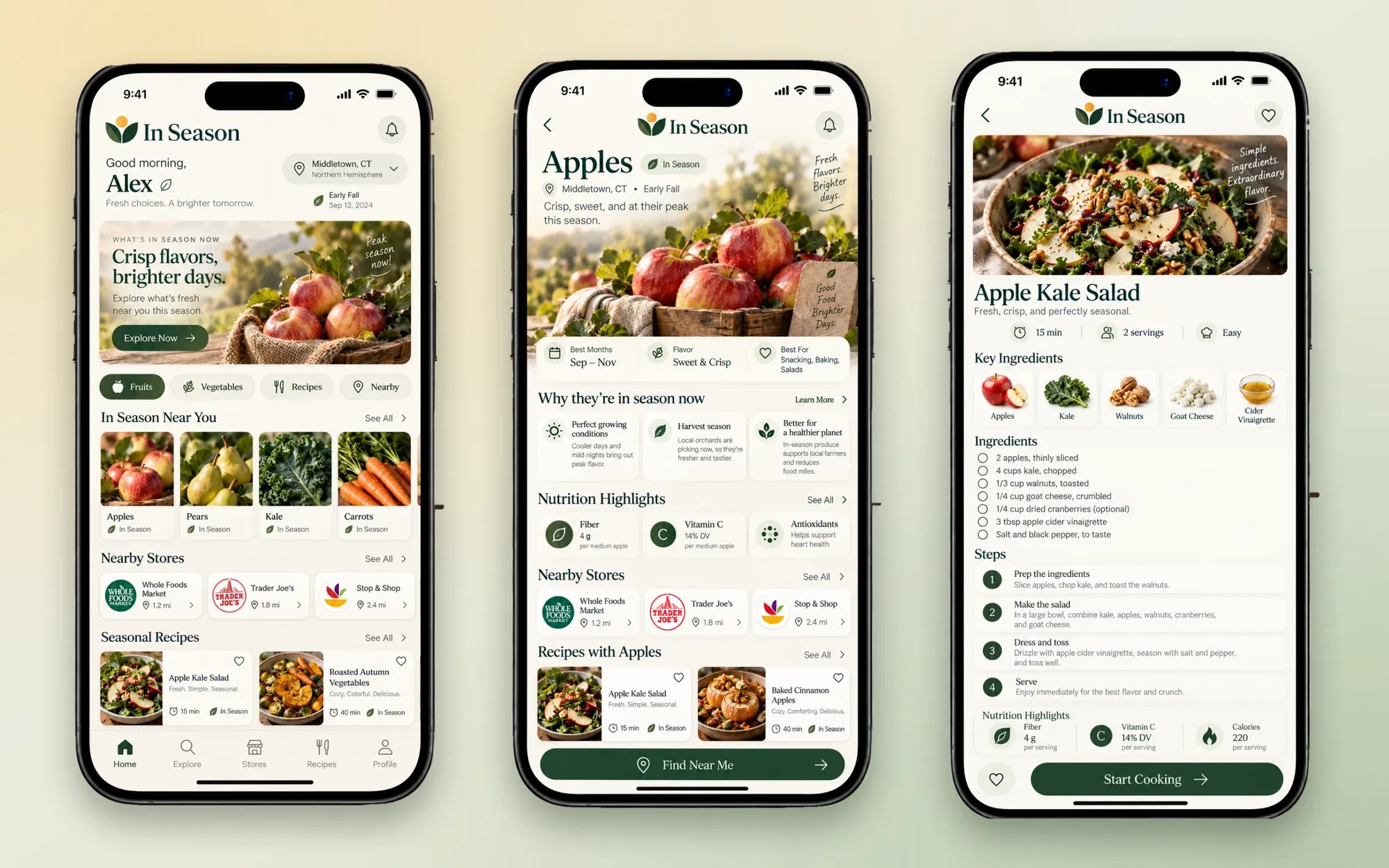 Three In Season screens: a home screen with fruits and vegetables in season near you, a detail page for apples, and a recipe for an apple kale salad.
